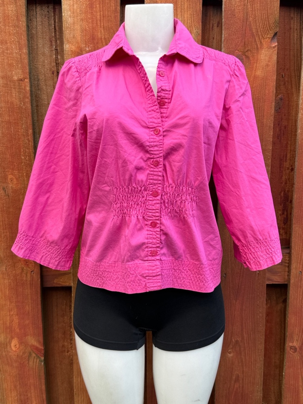 Antilia Femme Hot Pink Button-Down Top with Smocked Waist Size L
